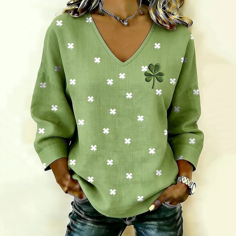 Women's St. Patrick's Day Shamrock Pattern V-neck Loose T-shirt artswardrobe