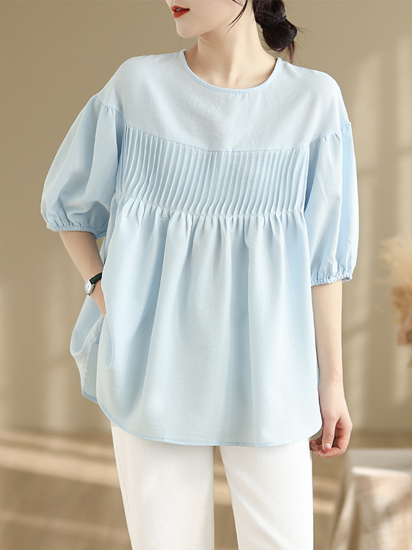 Puffed Sleeve Pleated Texture Round Neck Solid Color T-shirt