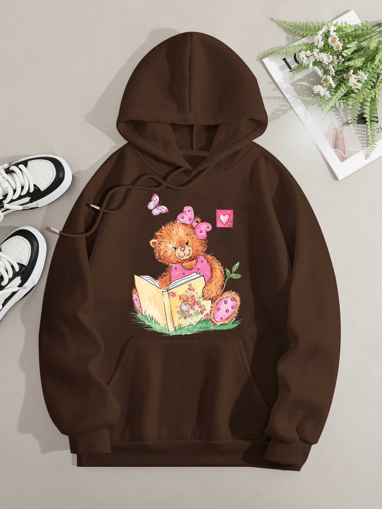 Printed on front Kangaroo Pocket Hoodie Long Sleeve for Women Pattern Pink Bear Reading