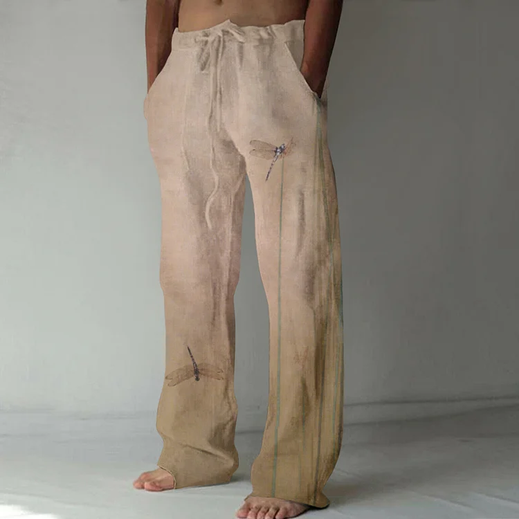 Vintage Dragonfly Art Pattern Linen Blend Casual Pants