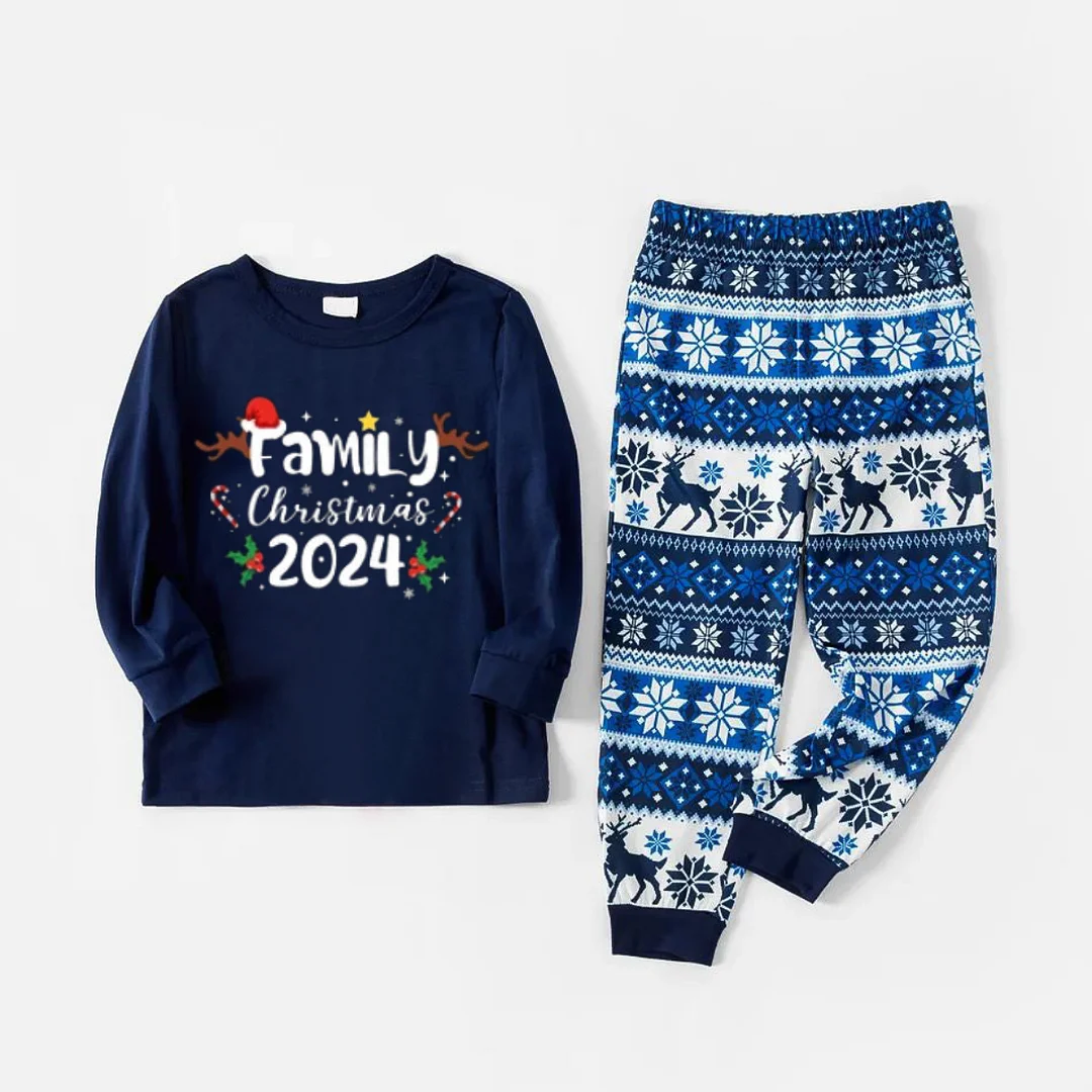 Family 2024 Christmas Text Print Blue Family Matching Pajamas