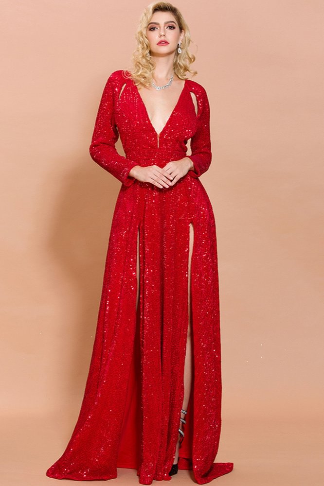 Chic Long Sleeve V-Neck Sequins Prom Dress With Split Online - lulusllly