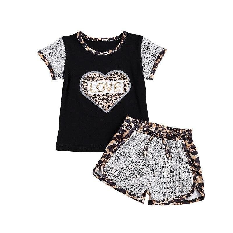 2021 Baby Summer Clothing 2Pcs Outfit Kids Suit Set Sequins Rainbow Short Sleeve T-Shirt+ Bow Shorts Girls, Rose Red, 2-7 Years