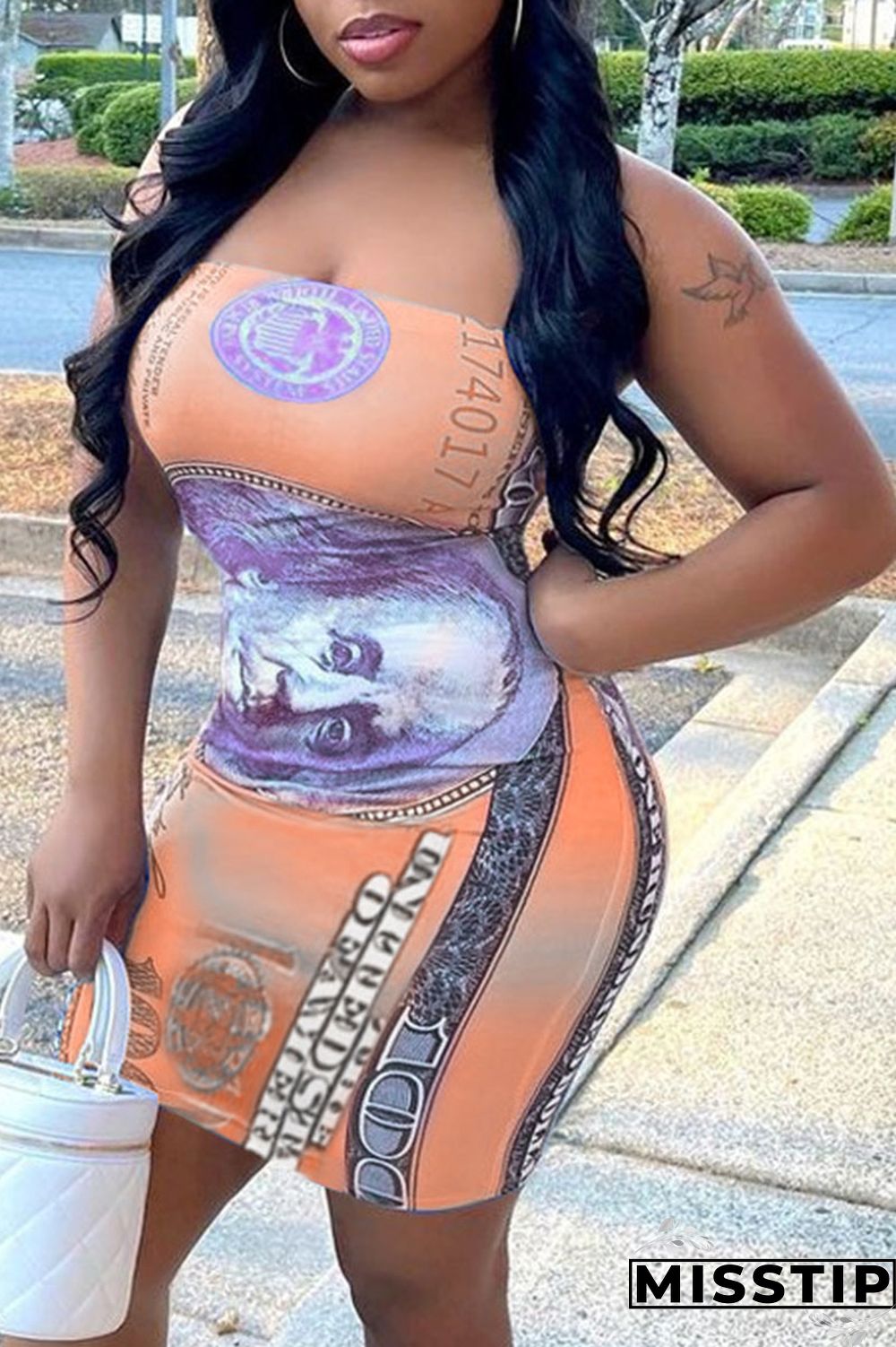 Orange Sexy Print Patchwork Strapless Sheath Dresses