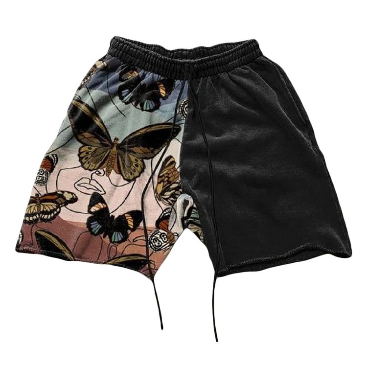 Asymmetric Butterfly Print Drawstring Shorts
