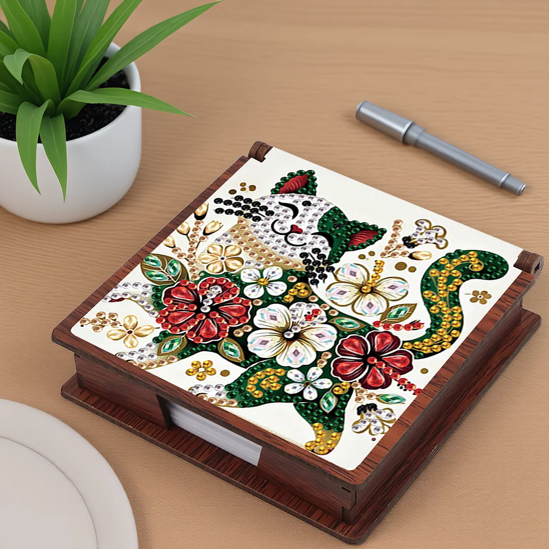 Wooden DIY Flower Cat Diamond Painting Kit Note Box with 160 Papers for Office