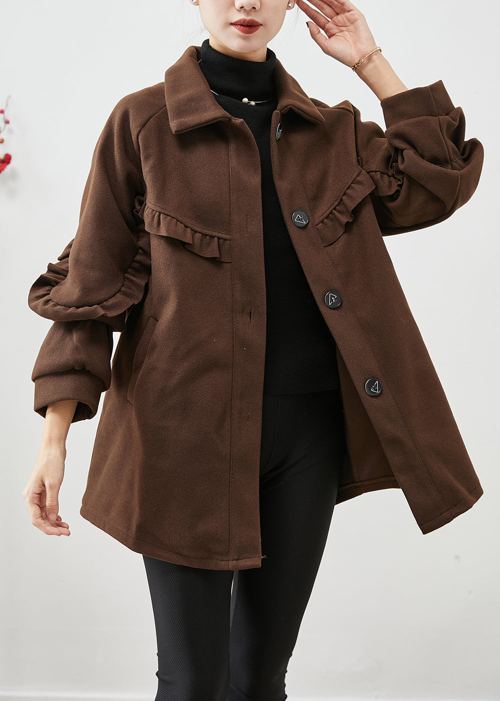VCSHOES Chocolate Ruffled Patchwork Woolen Jacket Fall