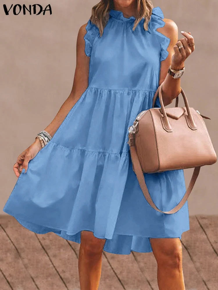 VONDA 2022 Summer Mini Dress Fashion Women Sexy Ruffled Sleeveless Tank Dresses Bohemian Casual Solid Vintage Vestidos Oversized