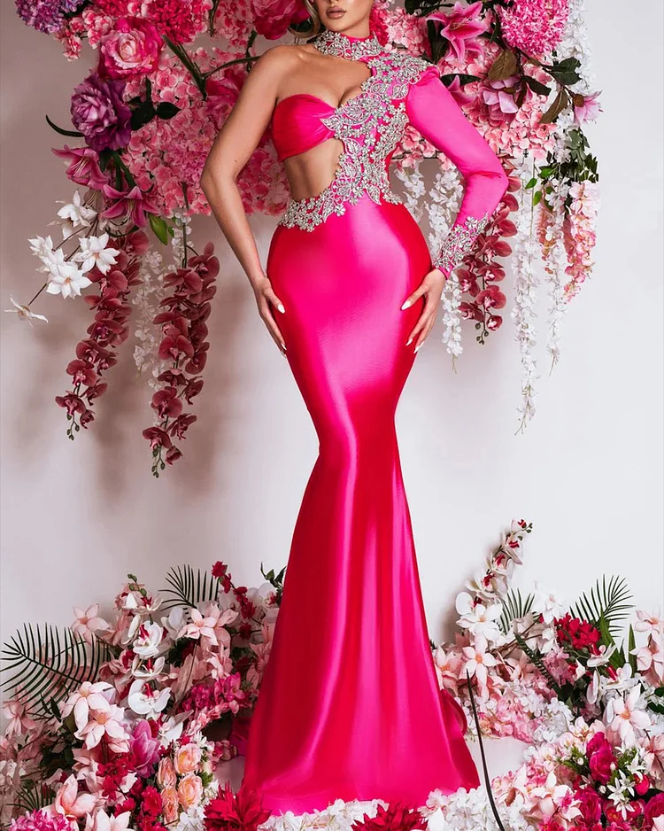 Women's Pink One Shoulder Sleeve Sequin Dress