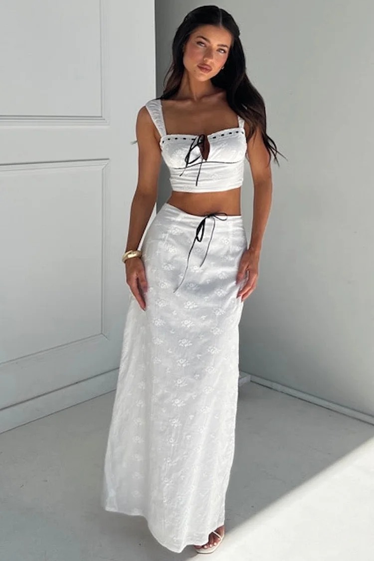Jacquard Crop Top Colorblock Ribbon Maxi Skirt Matching Set-White [Pre Order]