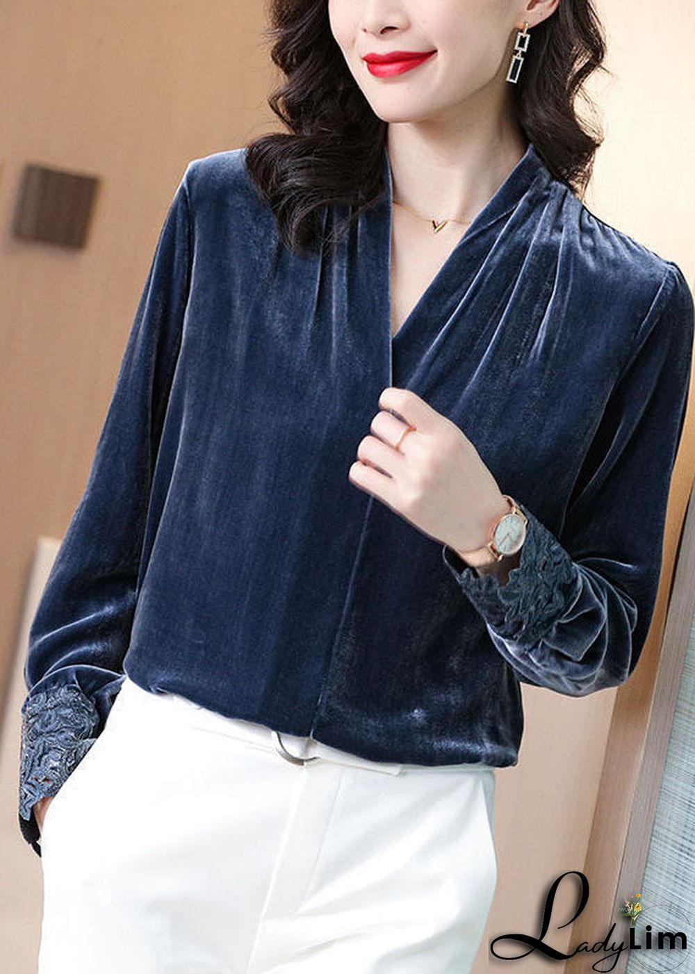 Grey Blue Silk Velour Shirt V Neck Solid Hollow Out Long Sleeve