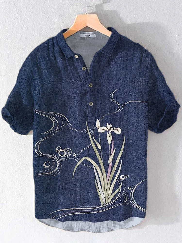 Orchid Embroidery Japanese Art Linen Short Sleeve Shirt