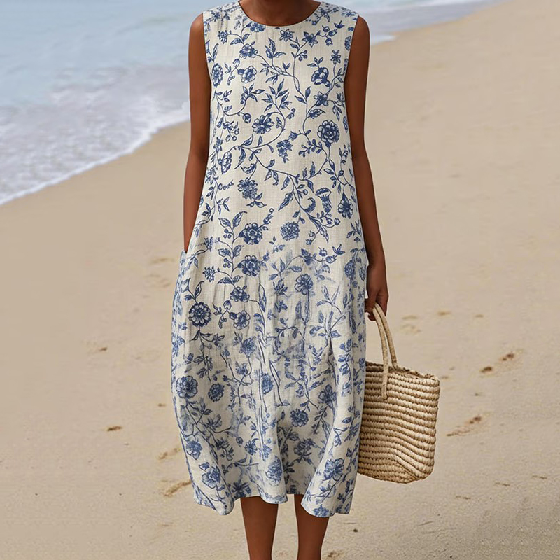 Comstylish Women's Japanese Floral Art Linen-blend Casual Maxi Dress