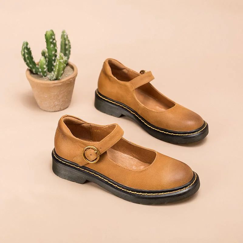 Handmade Retro Matte Leather Flat Mary Jane Shoes For Womens Round Toe 