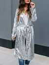 Fashion Sequinned Solid Color Belted Long Coat 