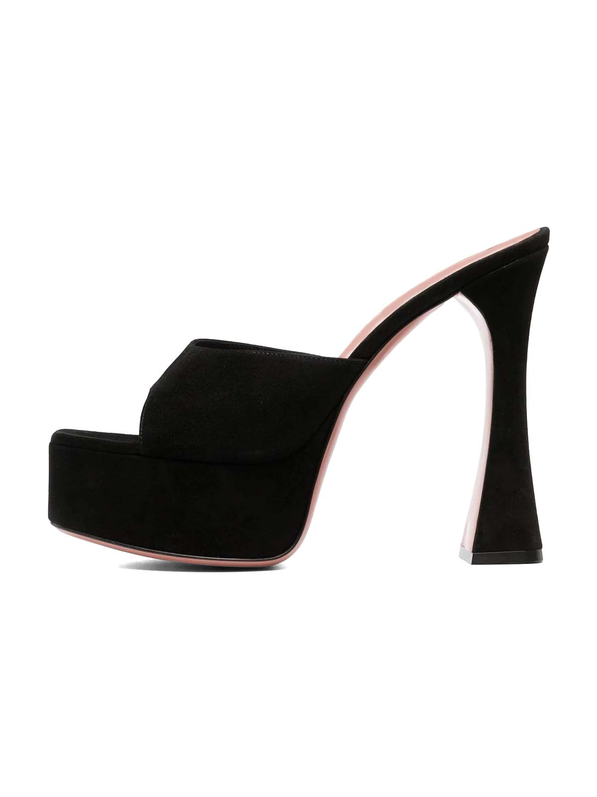 Black Vegan Suede Open Square Toe Platform Mules with Flared Heel