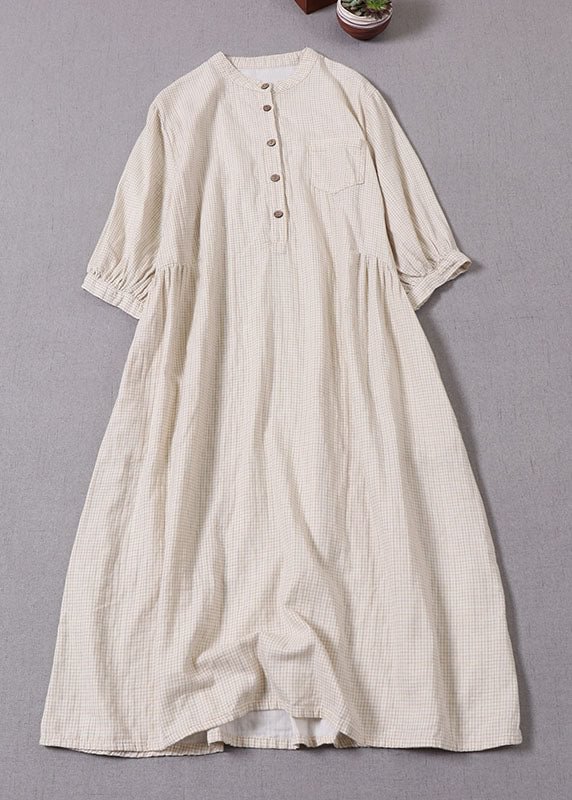 Fine Beige Stand Collar Plaid Cotton Vacation Dresses Half Sleeve CK1602- Fabulory