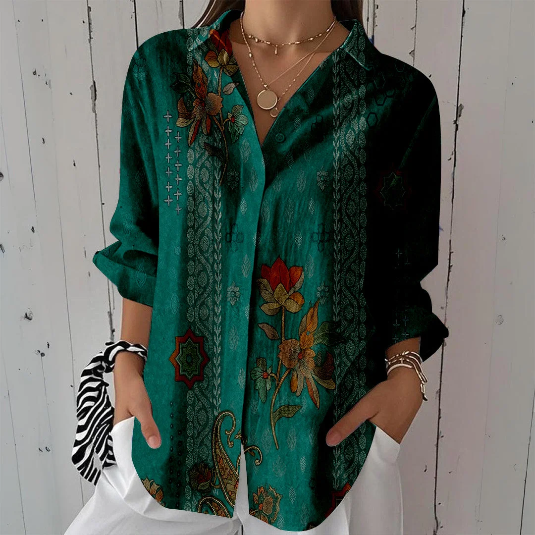 Style & Comfort for Mature Women Women Floral, Retro, Turquoise DZCL0508 3/4 Sleeve Shirt Collar Printed Button Tops