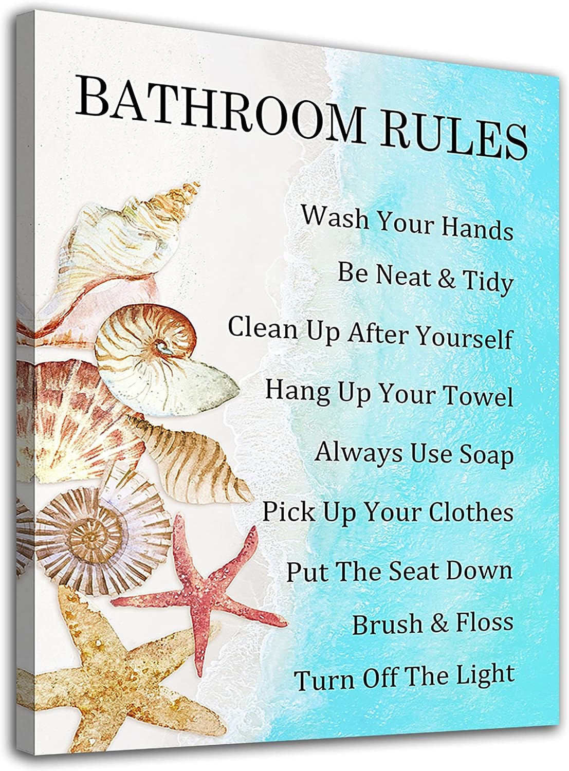 tigeridge Bathroom Wall Art for Wall Decor Bathroom Rules Canvas Pictures Sea Beach Canvas Art Blue Sea Wave Seastar Shell Bathroom Pictures for Wall Decorations Framed Ready to Hang 12 inch  X 16 inch  12&#034; x 16&#034;