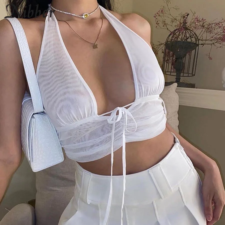 Nibber sexy hot mesh see-through skinny halter camisole women clubwear fashion pure white lace up backless slim crop top mujer