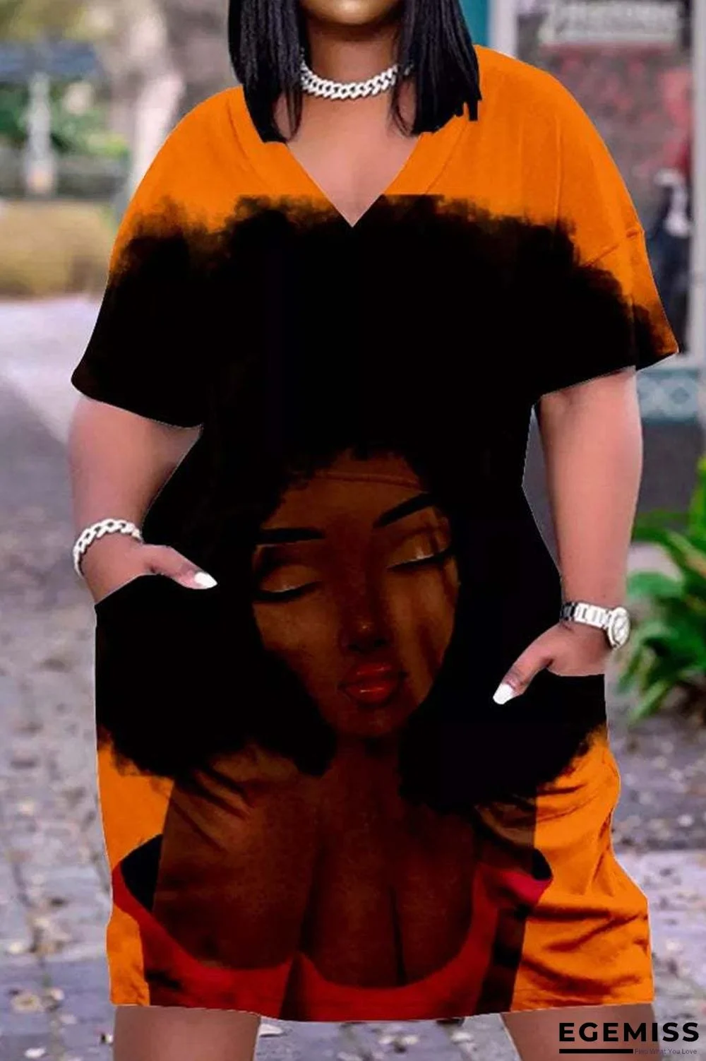 3D Printed Outdoor Fashion Casual Loose Plus Size Women's V-neck Sleeve Dress White Dresses | EGEMISS