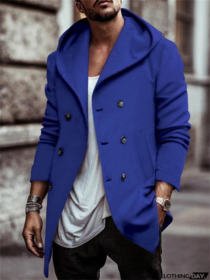Men's Trendy Double-Breasted Hooded Casual Woolen Coat
