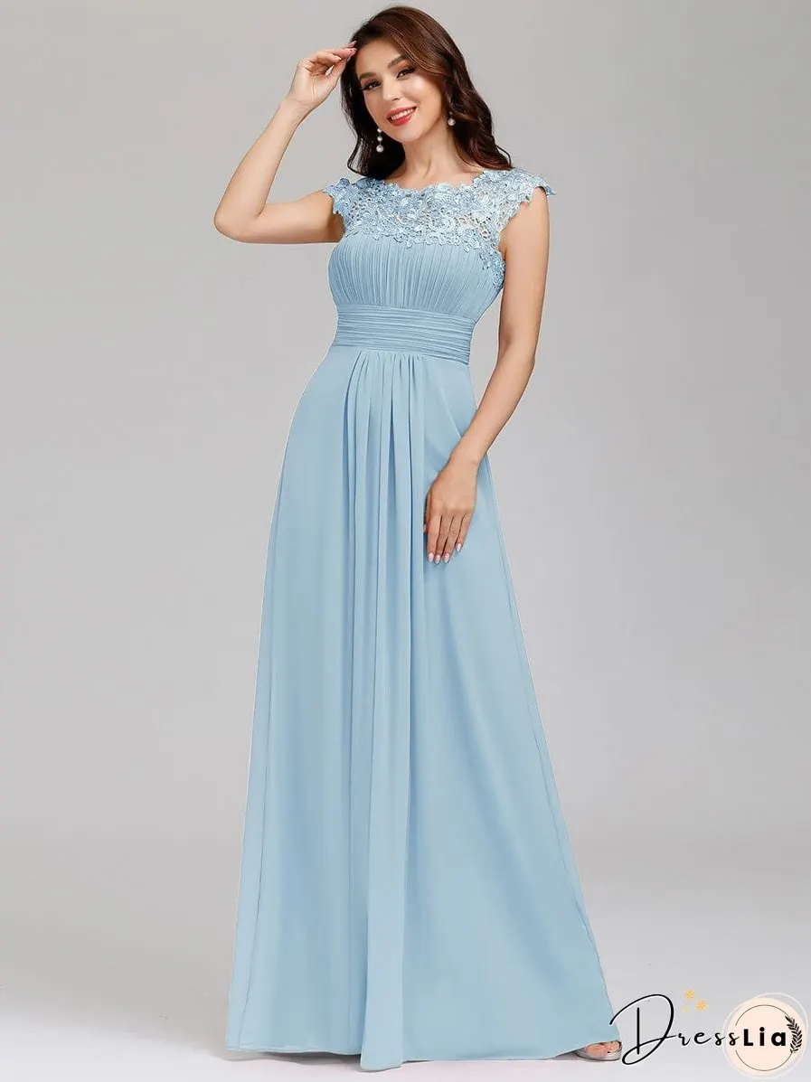 Elegant Lace Cap Sleeve Chiffon Evening Gown with Rhinestone-Embellished Neckline