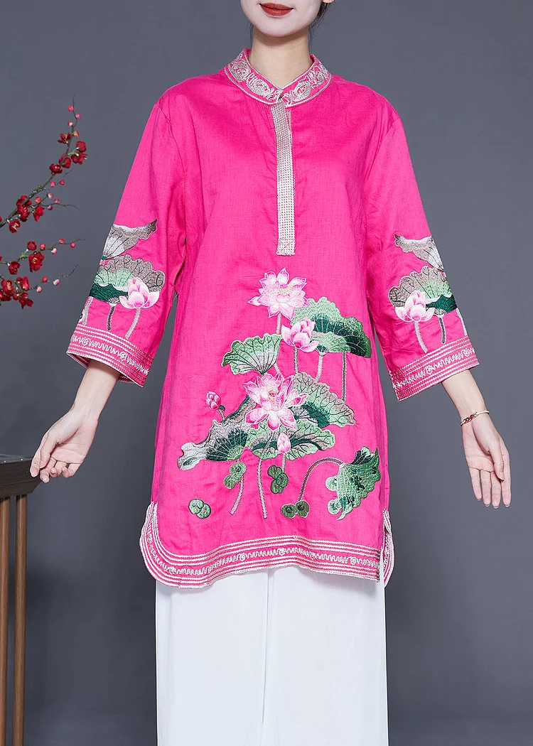 Rose Linen Vacation Dress Stand Collar Lotus Embroideried Summer