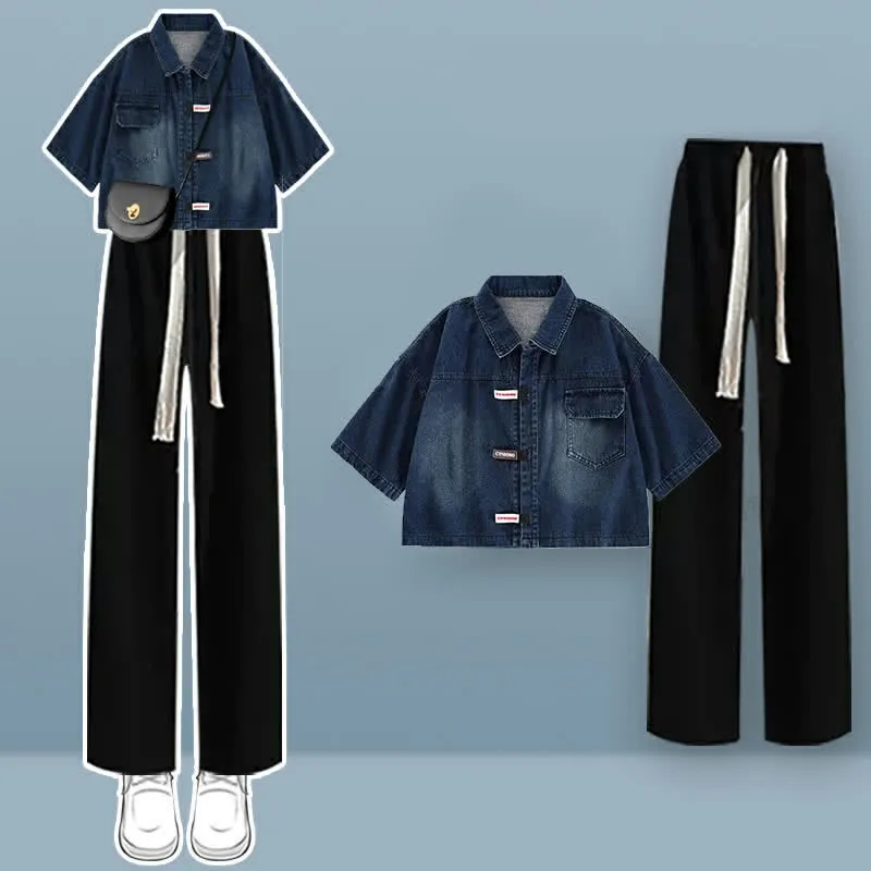 Lapel Short Denim T-Shirt Drawstring Pants Two Pieces Set