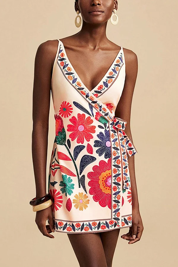 Floral Print V-Neck Suspender Lace-Up Resort Mini Dress