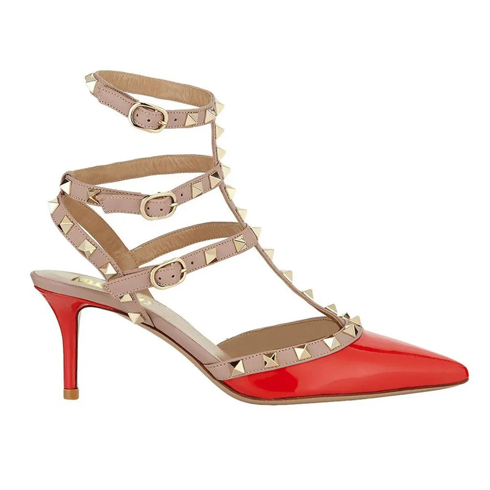 65mm Women's Low Heels Rivets Orange Sandals-vocosishoes