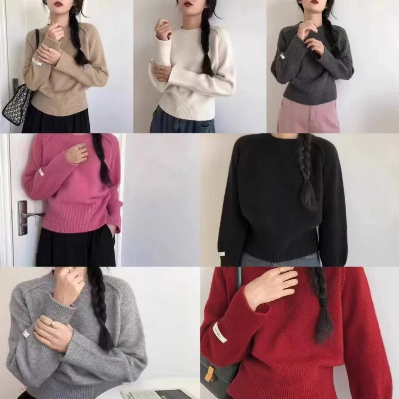 Uveng Uveng Version Of Autumn And Winter Thick Short Round-Neck Sweater Women Fashion Lazy High Sense Long-Sleeved Knitting Top Wear