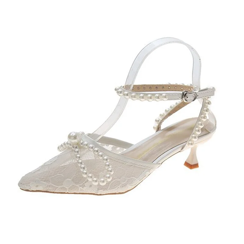 Qjong Elegant Thin Heels Pearl Sandals Women Pointed Toe Ankle Strap Slingback Pumps Woman Summer Mesh High Heels Dress Shoes