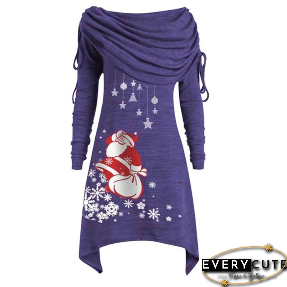 Fashion Women Christmas Dress Santa Claus Snowflake Print Foldover Collar Ruched Irregular