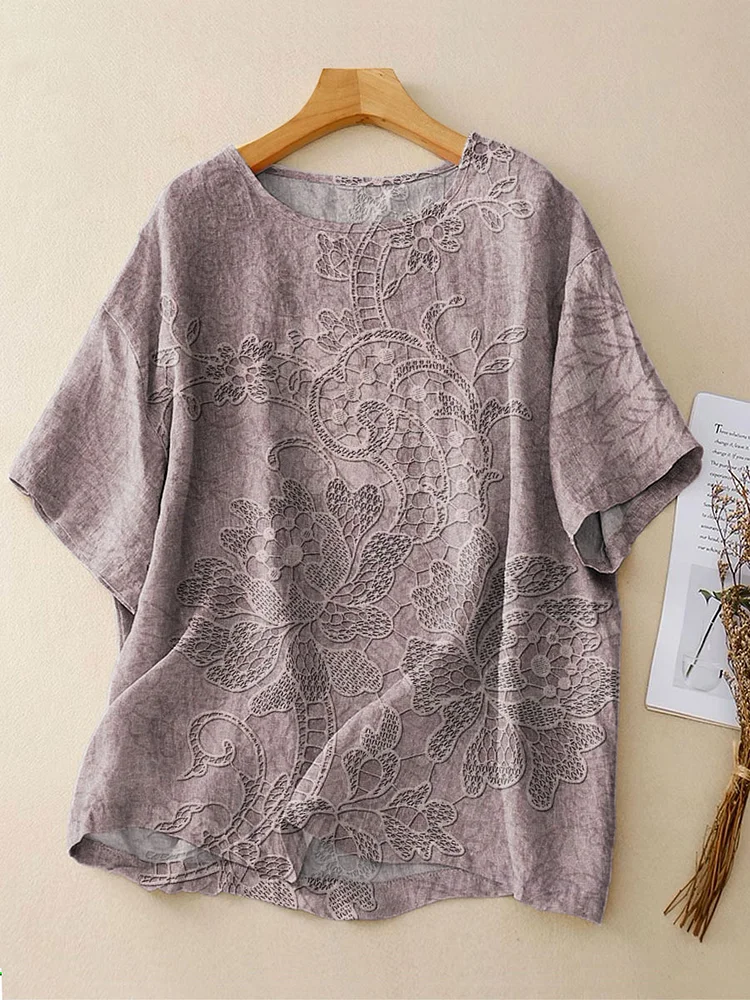 Women's Vintage Floral Art Print Casual Linen Crew Neck Shirt