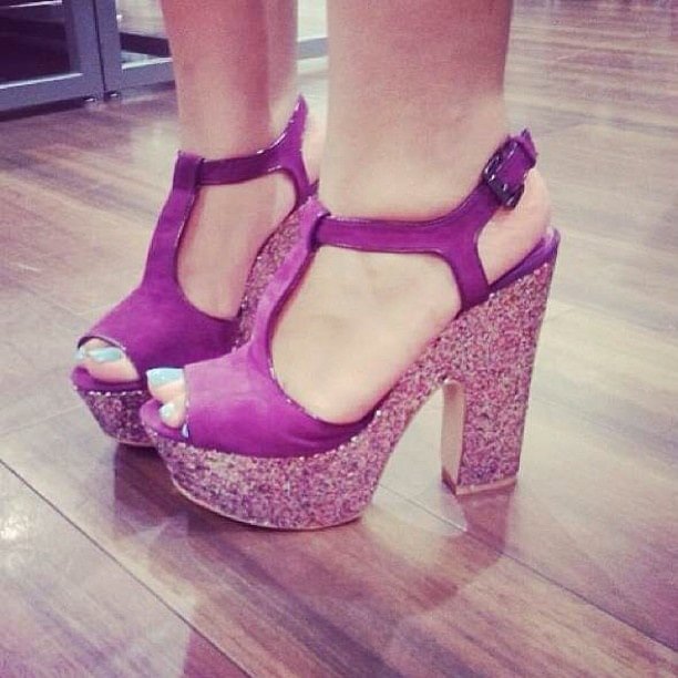 Purple Glitter Platform Chunky Heel Sandals T Strap Slingback Sandals |FSJ Shoes