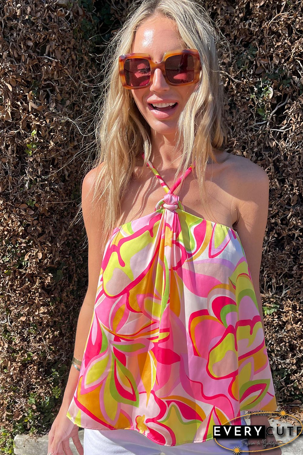 Pink Abstract Floral Print Knotted Halter Tank Top