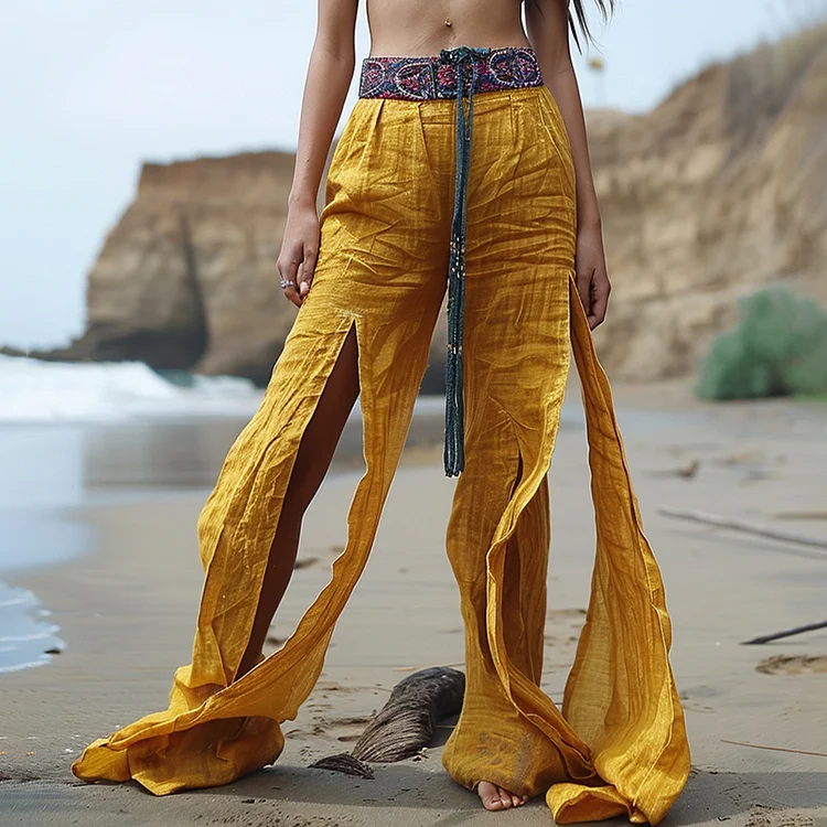 Retro Long Linen Wide Leg Pants For Women Casual Bohemian Long Linen Pants