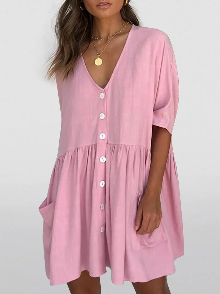 Dropped Shoulder V-Neck Crinkled Short Dress