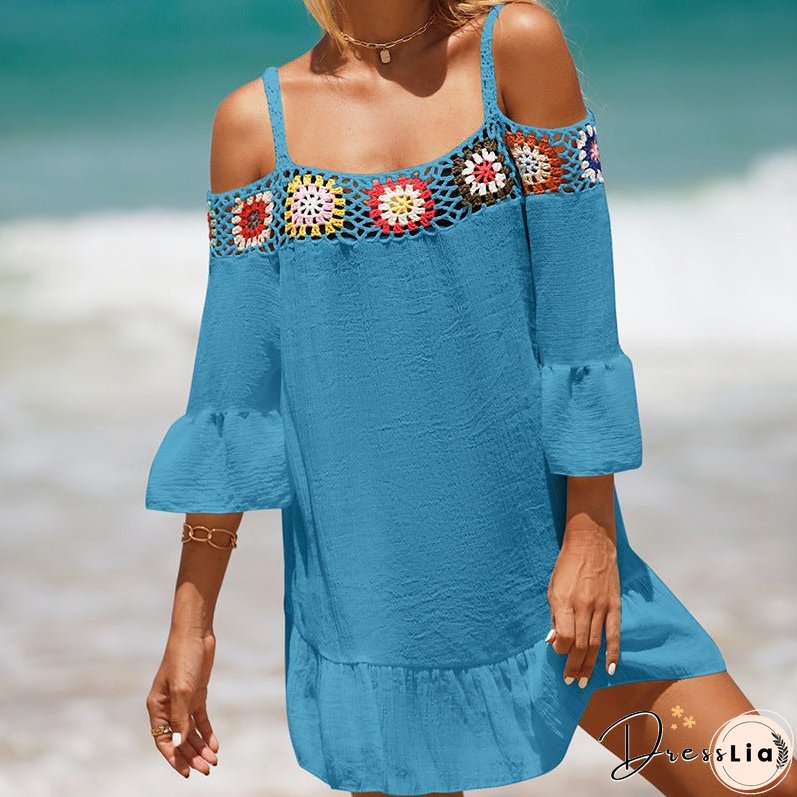 Holiday Suspenders Sun-protective Clothing Crocheted Lace Shoulder Dress Casual Short Solid Color Sunscreen Beach Skirt