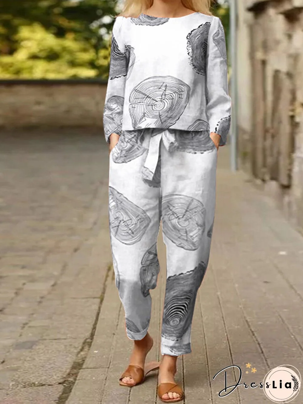 Vintage Printed Cotton Elastic Waist Two-piece Set Suit