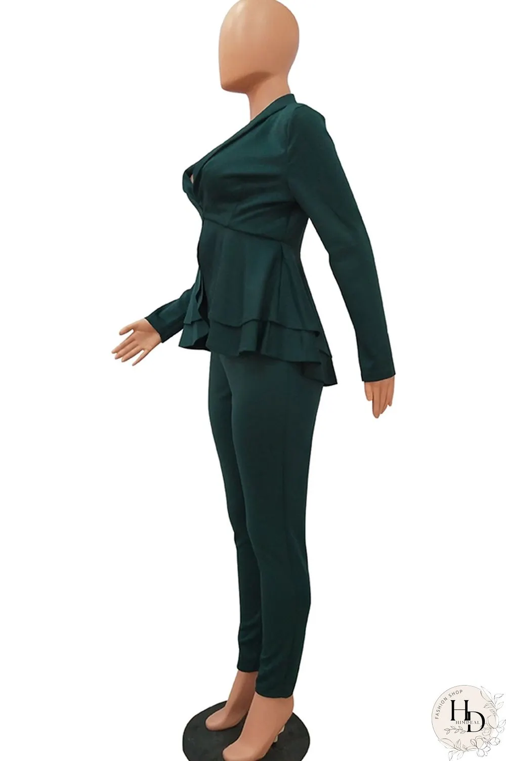 Black Casual Two Piece Suits Patchwork ruffle Solid pencil Long Sleeve