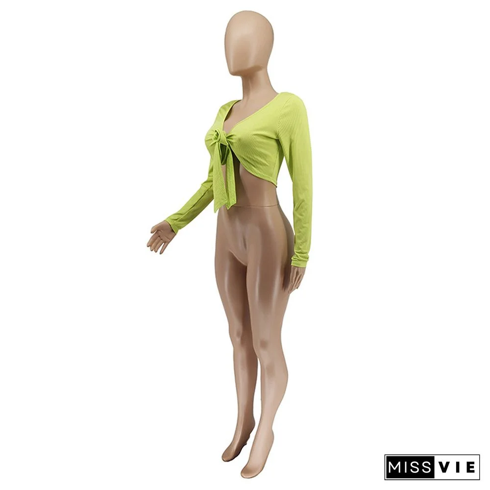 Summer New Arrivals Women Knitted Deep V-Neck Long Sleeve Sexy Solid Color Lace-Up Skinny Crop Tops