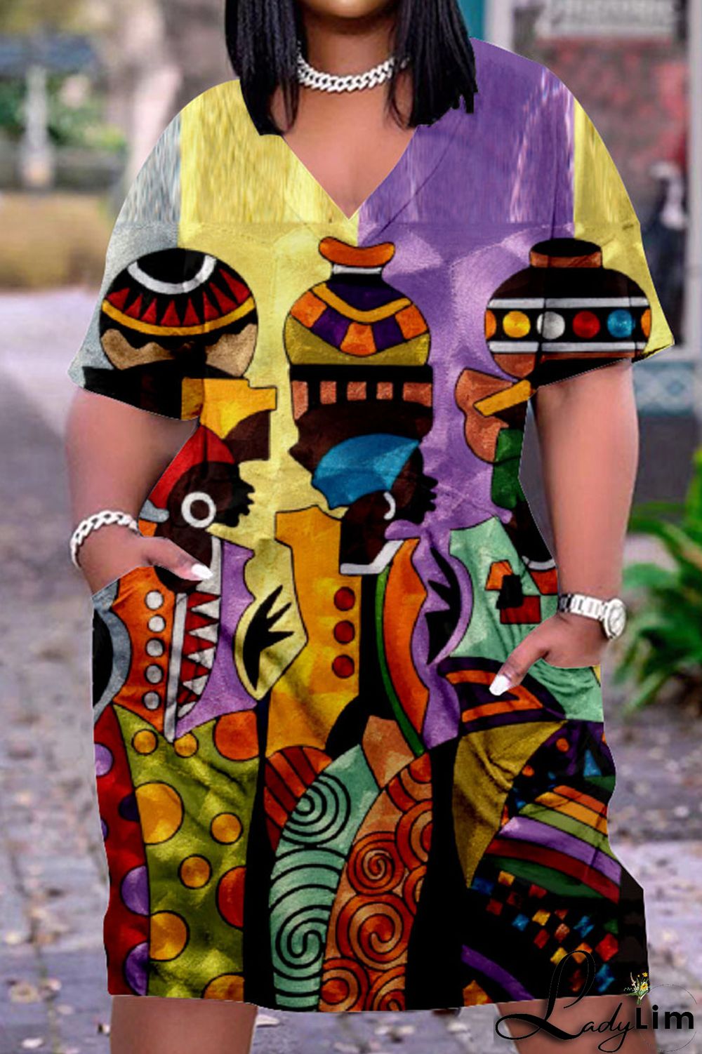 Beige Casual Street Print Patchwork V Neck Straight Dresses