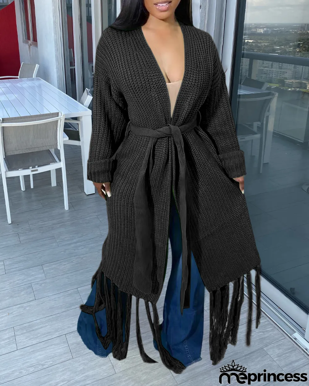 Women Long Sleeve Fringe Cardigan Sweater