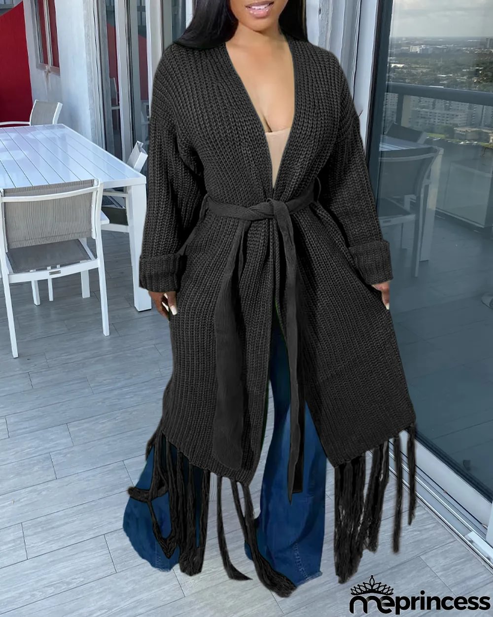 Women Long Sleeve Fringe Cardigan Sweater