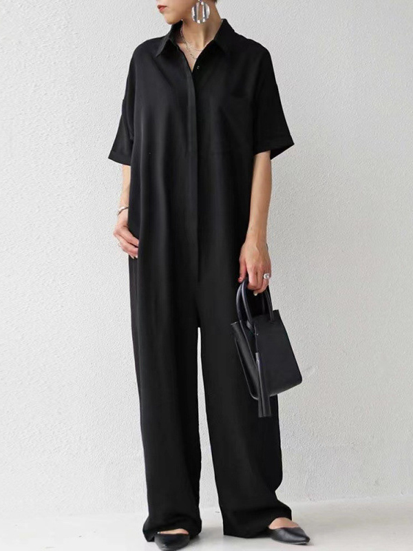 Shirt Collar Short Sleeve Solid Color Loose Wide Leg Jumpsuit