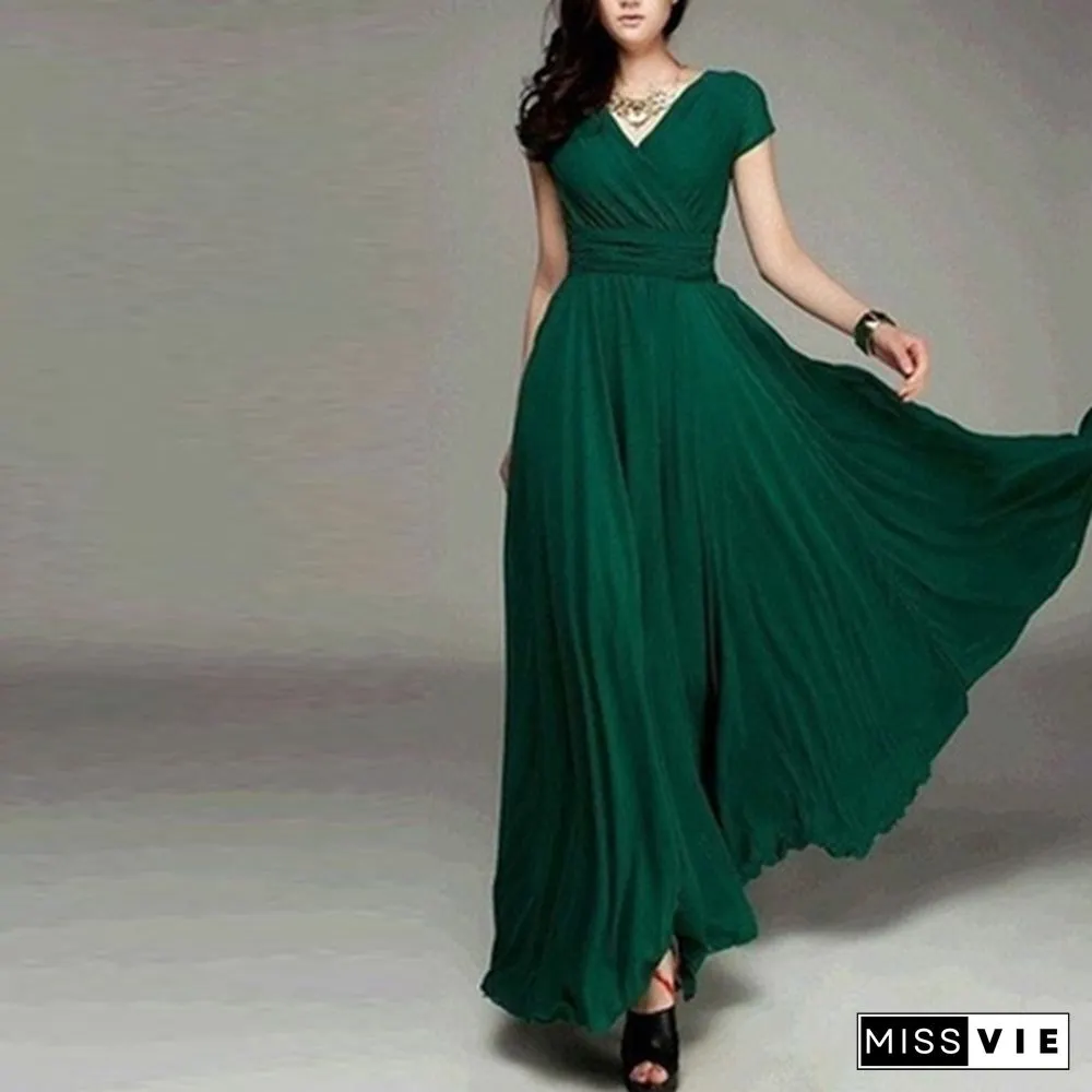 Womens Fashion Spring Summer Autumn Bohemian Maxi Dress Beach Evening V-Neck Sexy Women