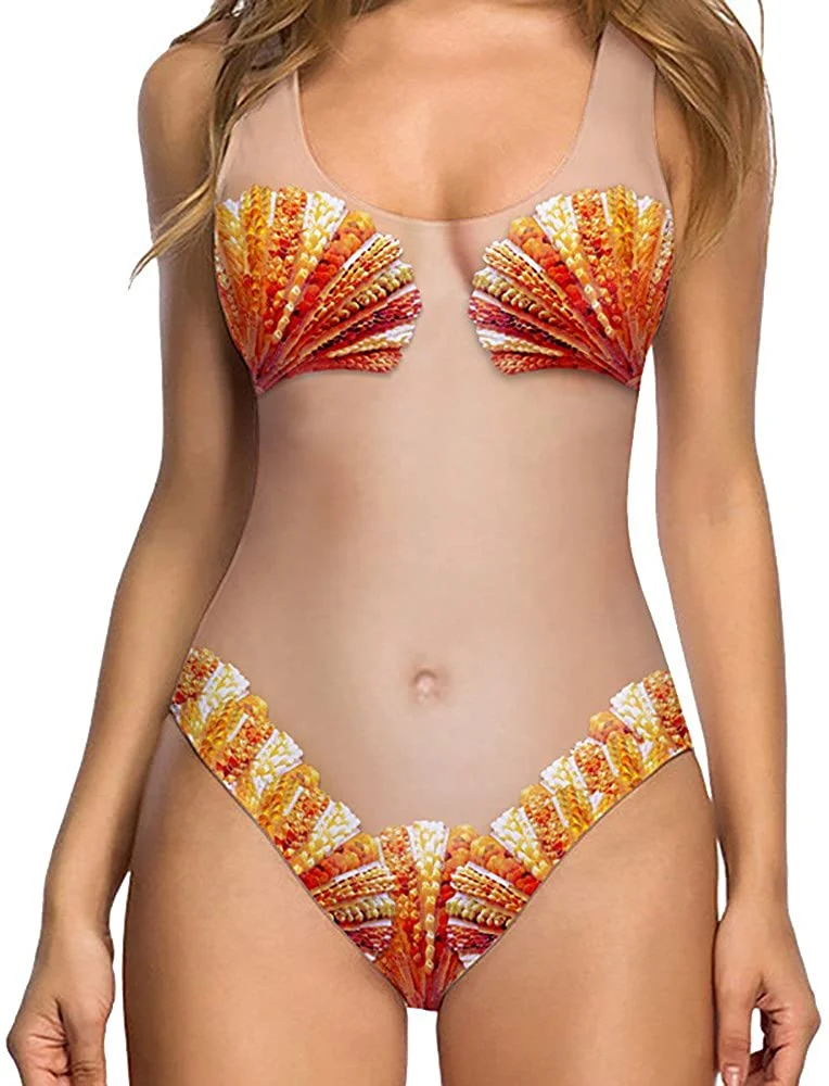 Women Sexy High Cut One Piece Sexy 3D Fake Bikini Print Swimsuit Funny Bathing Suit Monokini Swimwear