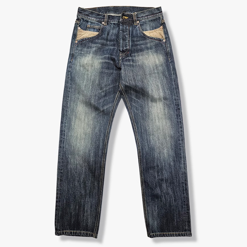 Men's Vintage Straight Handmade Natural Whisker Washed Jeans